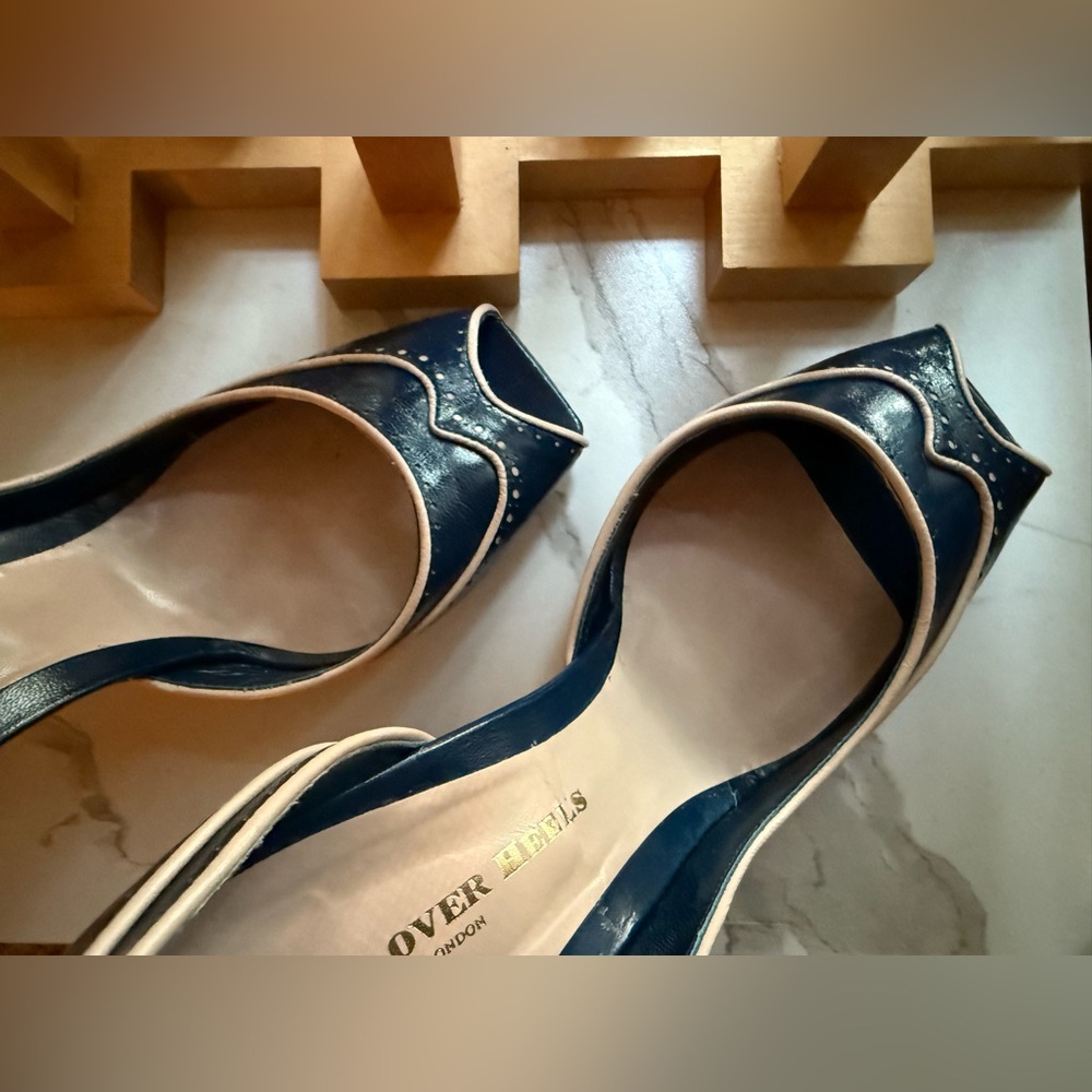 Head Over Heels London - Deep Blue Leather Wing-Tip, Squared Open Toe, D’Orsay - Picture 7 of 15